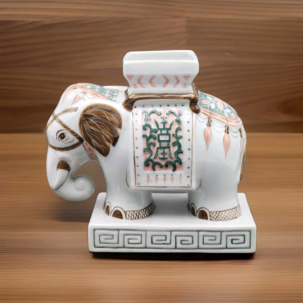 Vintage Thai Porcelain Elephant Figurine Stand Hand Painted Benjarong StyleRare